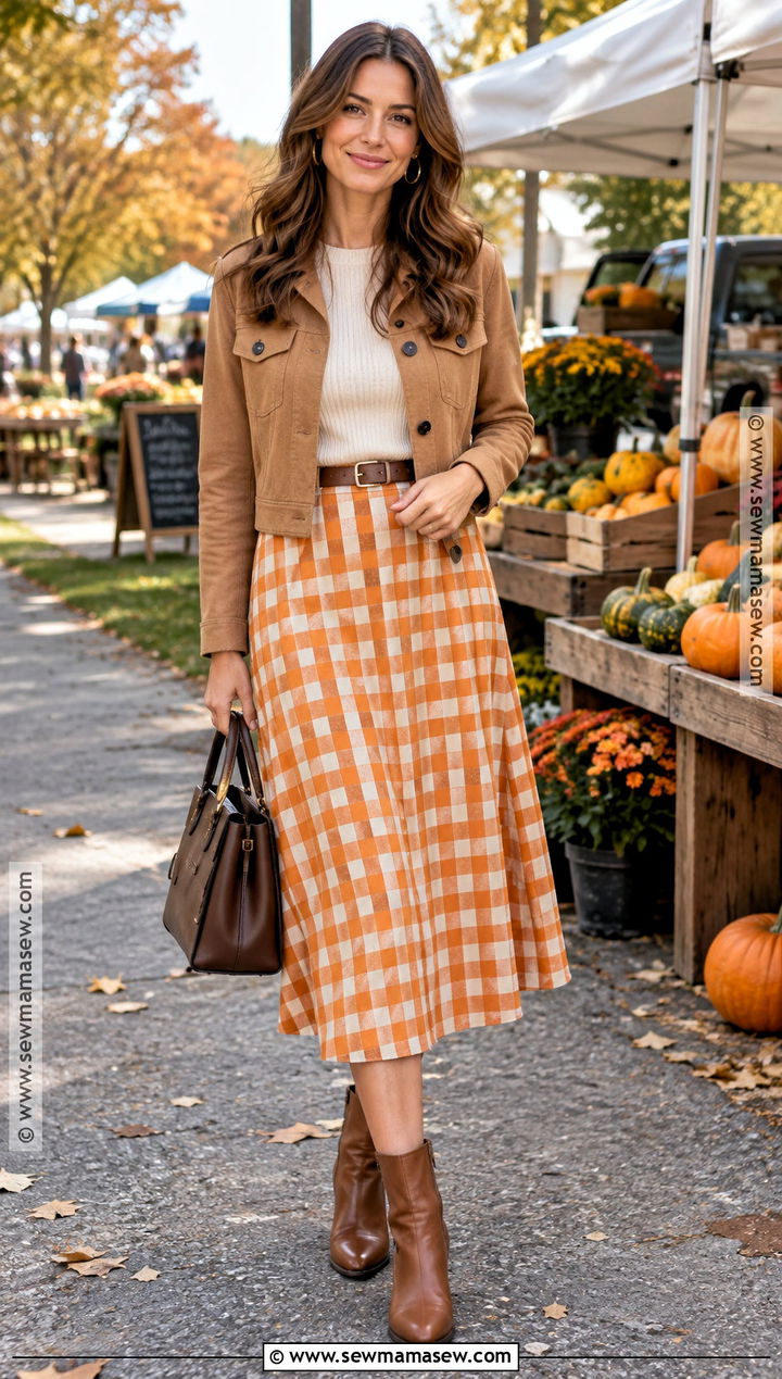 Camel Jacket And Orange Gingham Autumn Outfit - 20 autumn color palette fashion outfit ideas