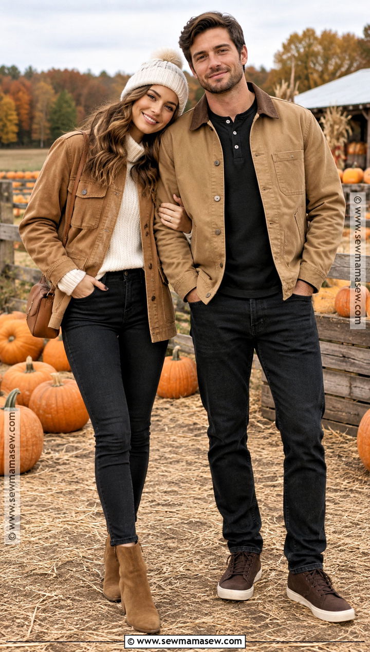 Camel Jackets And Black Jeans Pumpkin Patch Outfit - 20 matching pumpkin patch outfits for couples