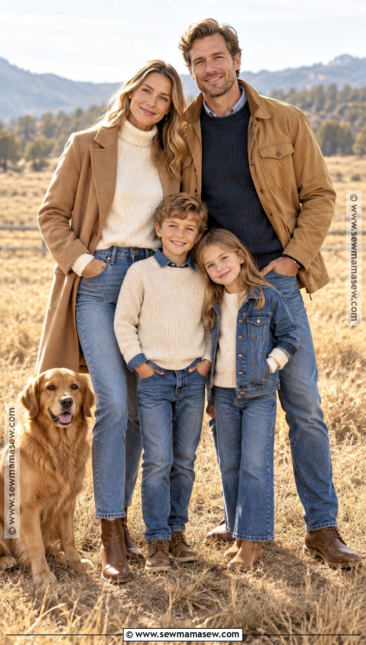 Camel Jackets And Straight Leg Jeans Family Outfit - 15 fall family photo outfits outdoor jeans