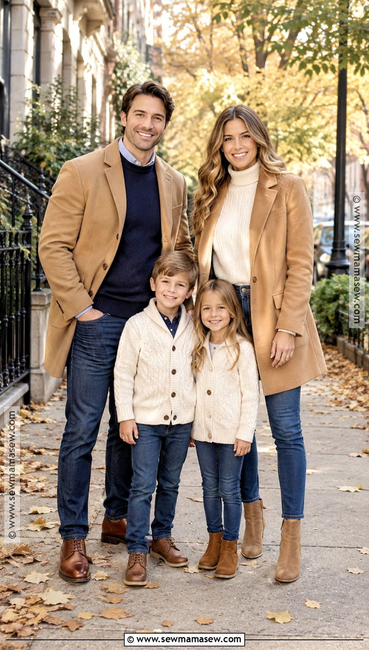 Camel Jackets With Blue Jeans For Fall Family Photos - 20 fall family photos jeans