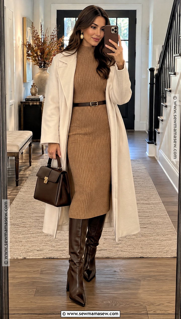 Camel Knit Dress And Tall Boots Thanksgiving Outfit - 20 Fancy Thanksgiving Outfit Ideas