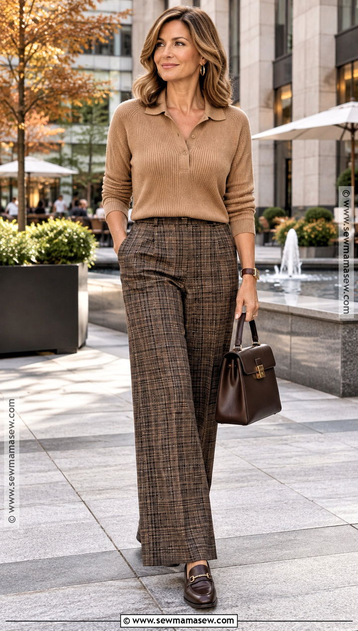 Camel Knitted Polo Sweater With Plaid Trousers And Loafers - 15 knitted sweater fall fashion ideas