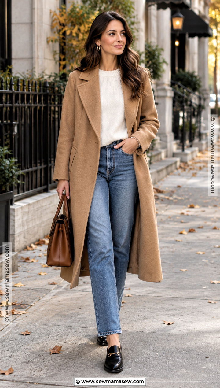 Camel Long Coat With Straight Leg Jeans - 20 long coat fall outfit ideas