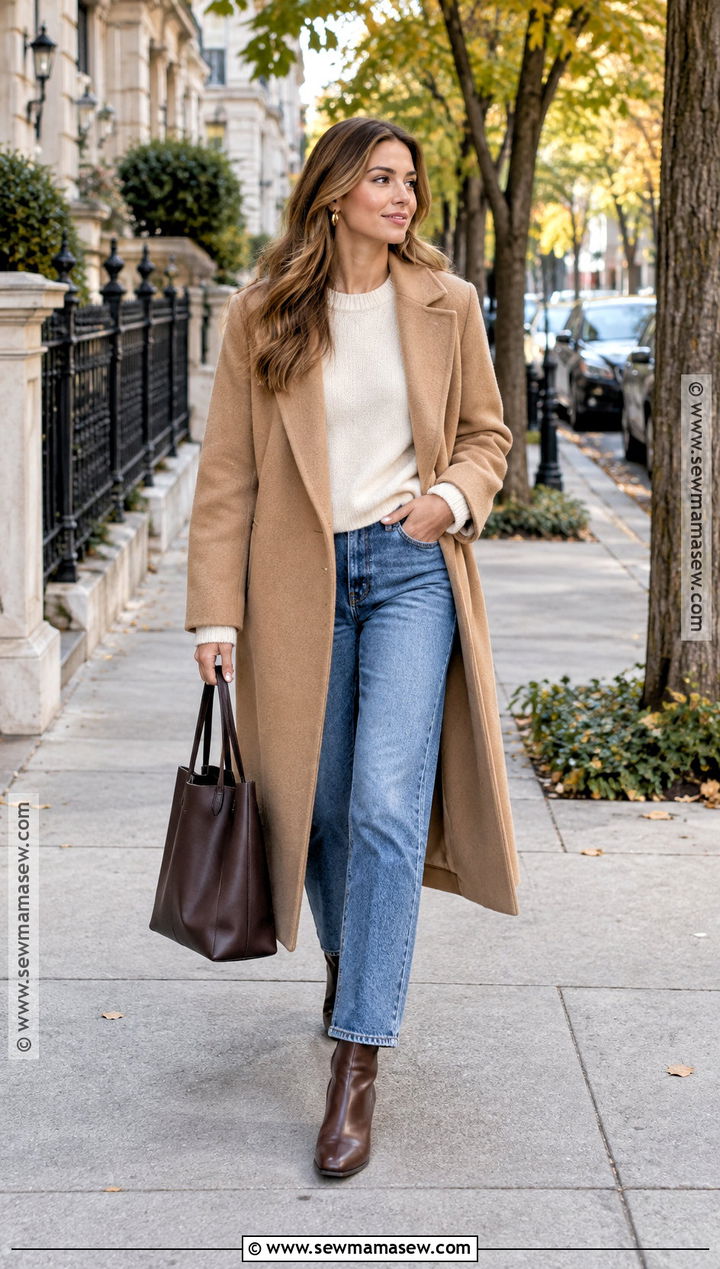 Camel Long Coat With Sweater and Jeans - 15 fall outfit long coat ideas