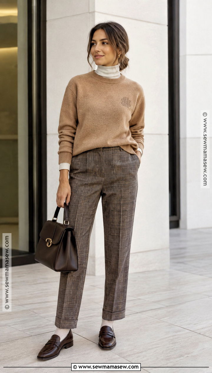 Camel Monogram Embroidered Sweatshirt Outfit With Plaid Trousers - 20 Fall Embroidered Sweatshirts Ideas