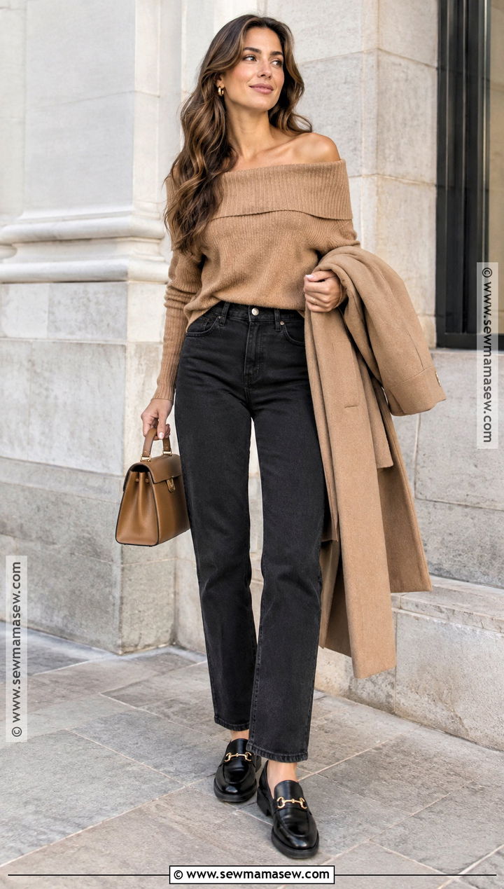 Camel Off the Shoulder Sweater With Black Jeans - 15 off-the-shoulder top fall fashion ideas