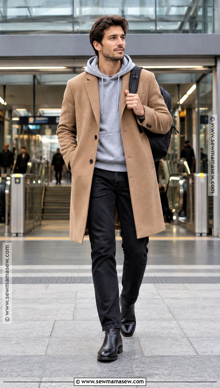 Camel Overcoat And Hoodie Fall Outfit - 20 mens fall outfit ideas