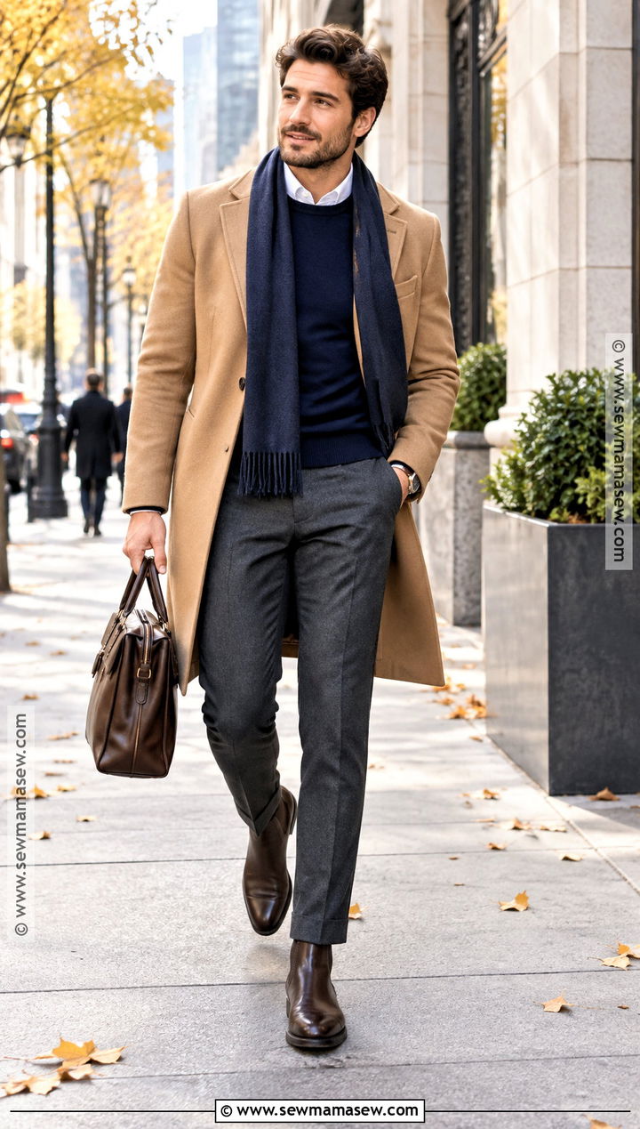 Camel Overcoat With Merino Sweater - 15 dapper fall outfits for men