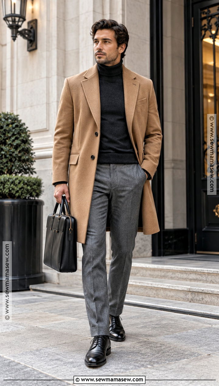 Camel Overcoat With Turtleneck And Wool Trousers - 20 autumn male outfit ideas