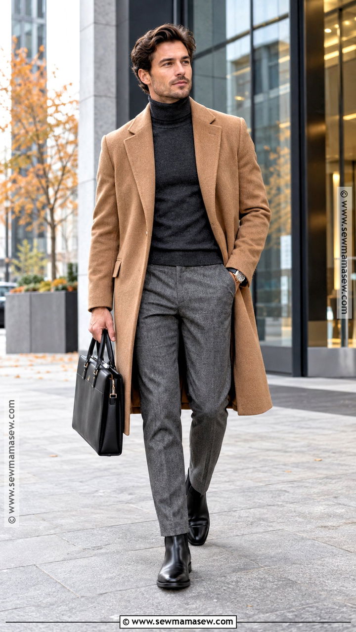 Camel Overcoat With Turtleneck and Wool Trousers - 20 fit inspo men autumn ideas