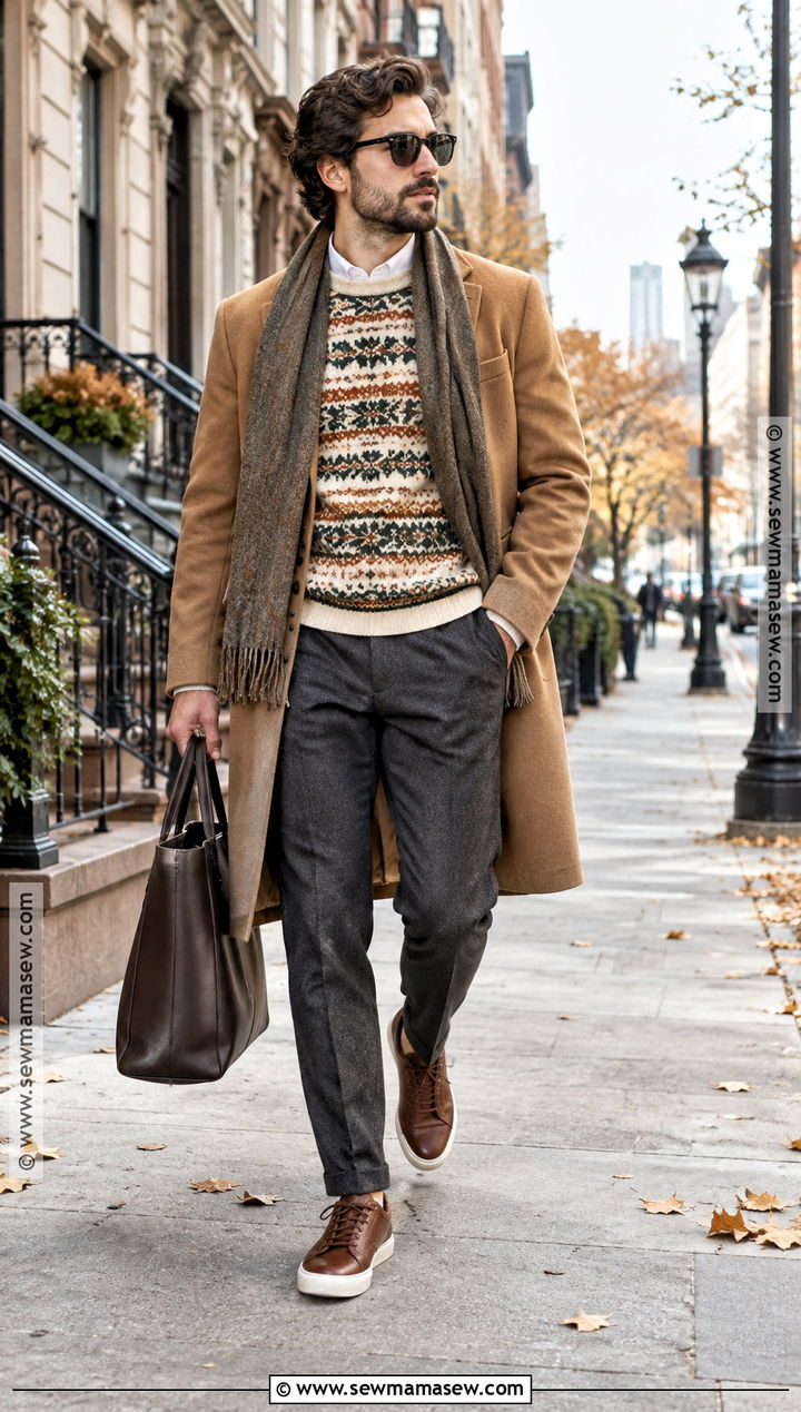 Camel Overcoat and Fair Isle Sweater Hipster Fall Outfit - 15 Hipster Fall Outfits for Men