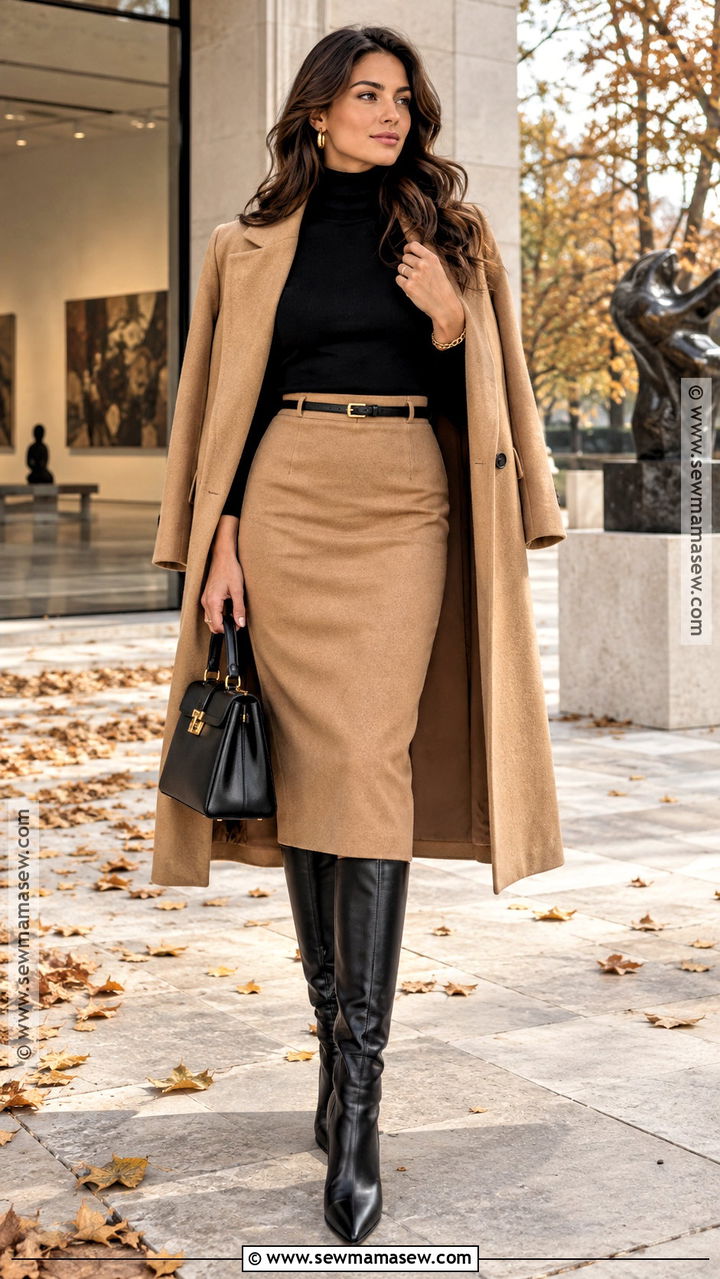 Camel Pencil Skirt With Black Turtleneck - 20 Pencil Skirt Fall Outfit Ideas