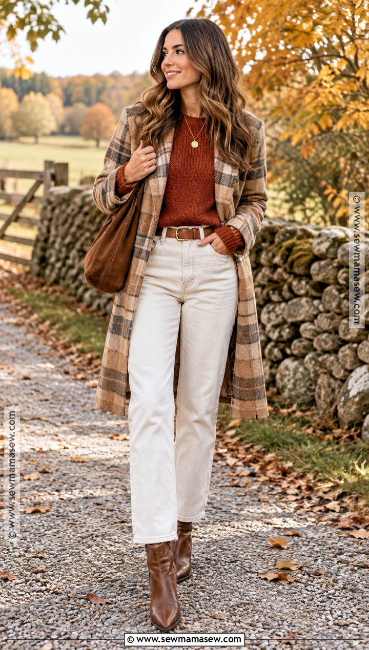 Camel Plaid Coat With Cream Jeans And Western Boots - 15 autumn outfit with plaid coat and boots