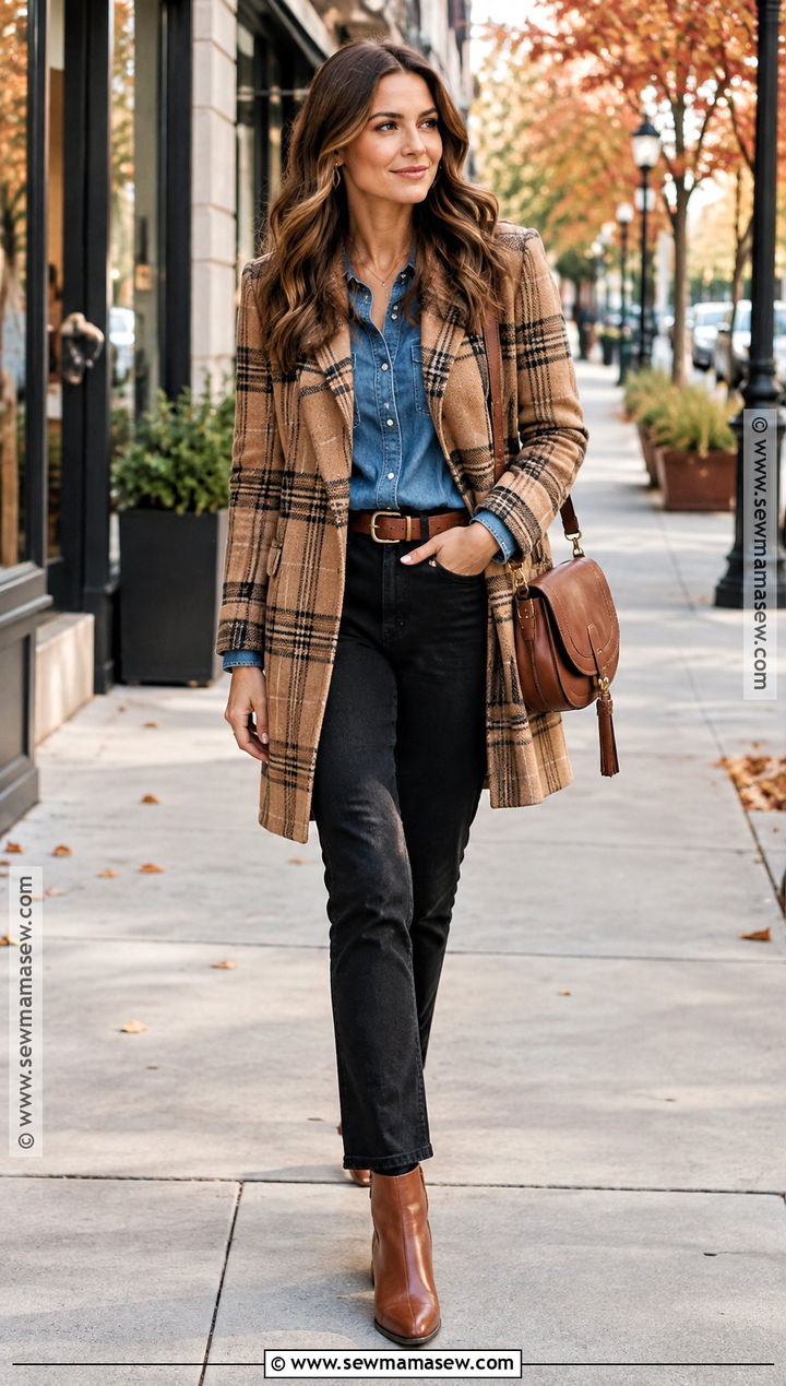 Camel Plaid Coat With a Denim Shirt - 15 plaid fall coat ideas