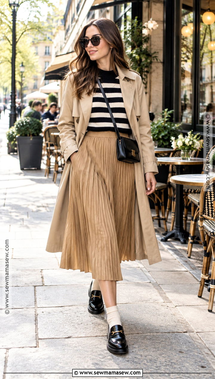 Camel Pleated Skirt With Striped Sweater And Loafers - 20 camel skirt outfit fall ideas