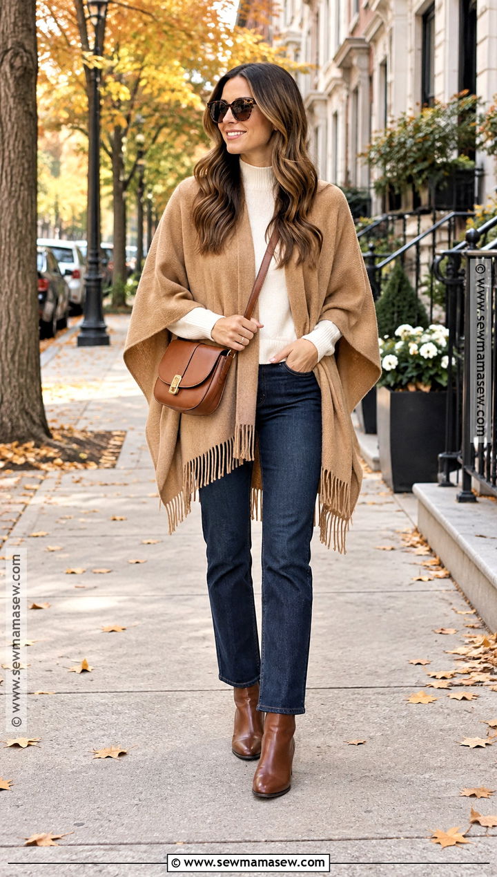 Camel Poncho With Dark Jeans And Ankle Boots - 15 autumn color poncho ideas