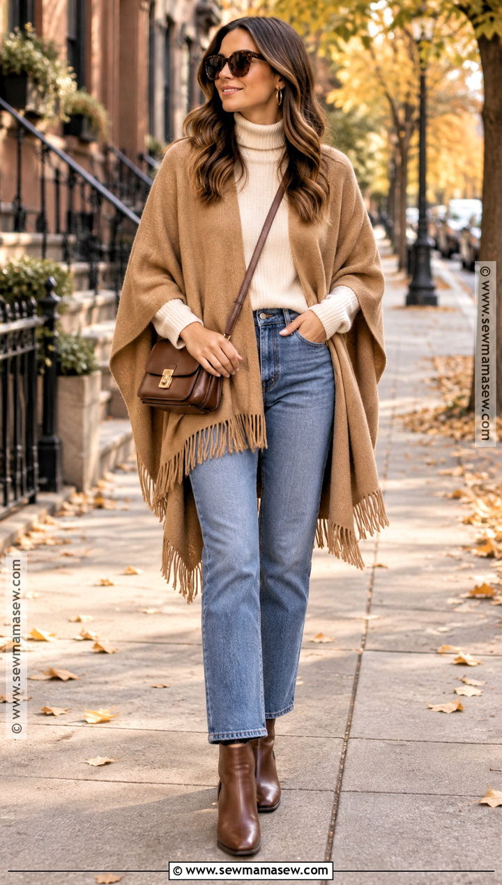 Camel Poncho With Straight Leg Jeans - 20 fall poncho outfits