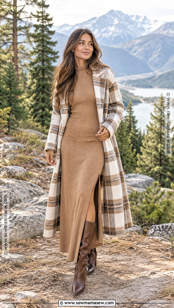 Camel Ribbed Maxi Dress With Plaid Coat - 15 fall engagement pictures dress ideas