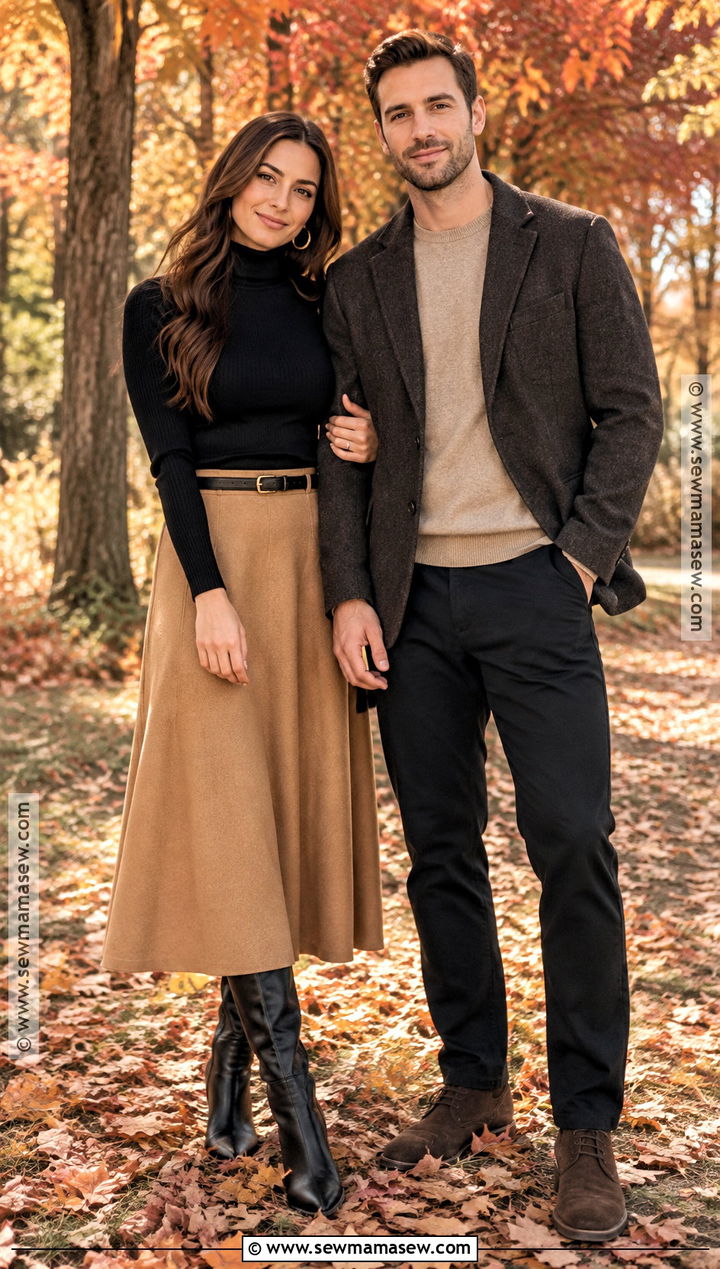 Camel Skirt And Black Turtleneck Fall Engagement Photo Outfit - 20 outdoor engagement photos outfits fall