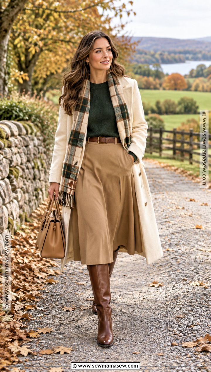 Camel Skirt With Forest Green Sweater And Riding Boots - 20 camel skirt outfit fall ideas