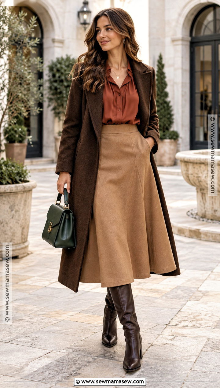 Camel Skirt With Rust Blouse And Heeled Boots - 20 camel skirt outfit fall ideas