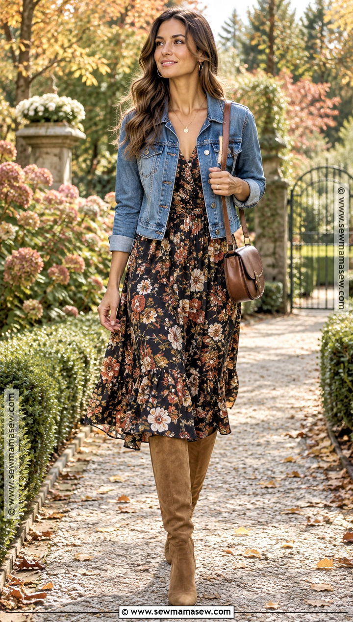 Camel Suede Boots With Floral Midi Dress - 15 camel boots fall fashion
