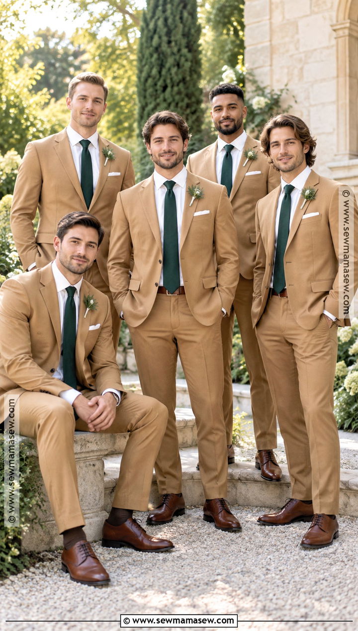 Camel Suit And Green Tie Groomsmen Attire - 15 fall color groomsmen attire ideas