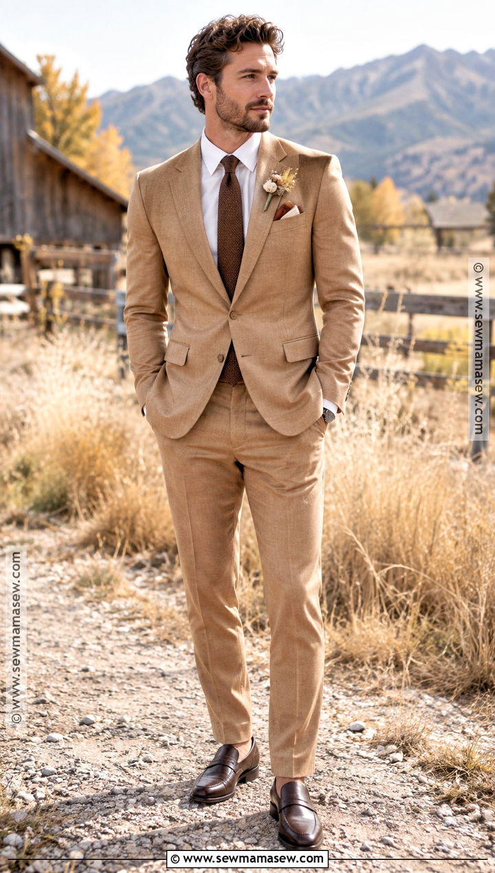 Camel Suit With Chocolate Brown Tie - 15 fall outdoor wedding groom attire ideas