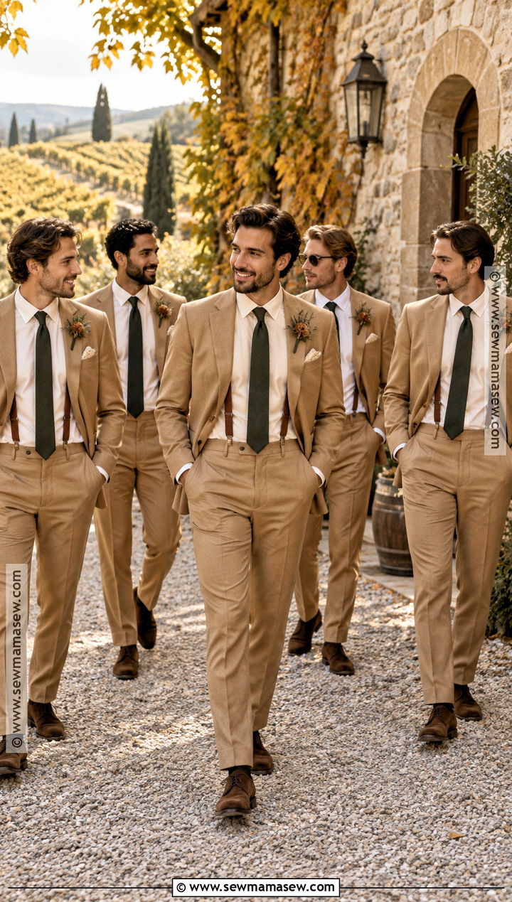 Camel Suit With Chocolate Suspenders - 15 fall groomsmen attire suspenders ideas