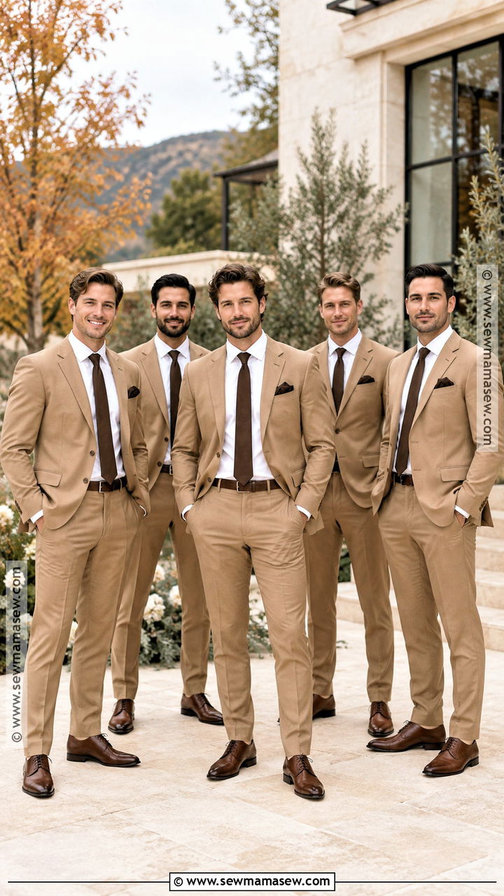 Camel Suit With Chocolate Tie - 20 groomsmen fall wedding attire ideas
