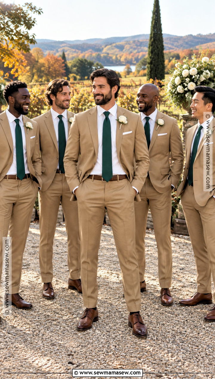 Camel Suit With Forest Green Tie Groomsmen Attire - 15 groomsmen attire fall color combos