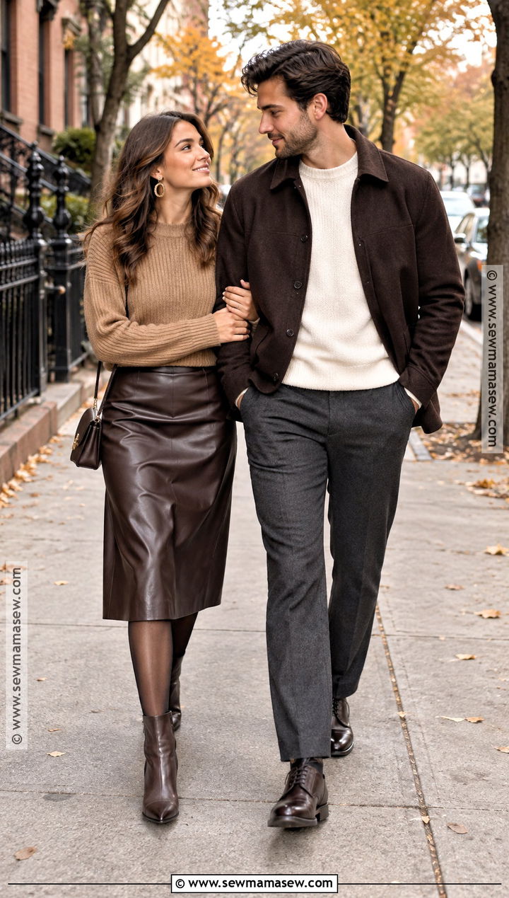 Camel Sweater And Leather Skirt Engagement Photo Outfit - 15 engagement photo outfit ideas fall