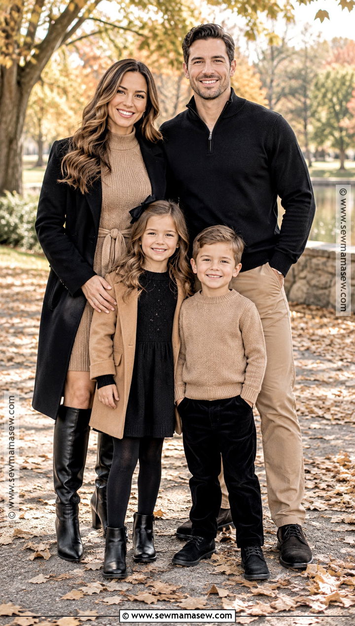Camel Sweater Dress And Black Coat Family Outfit - 15 fall family pictures outfits black and tan