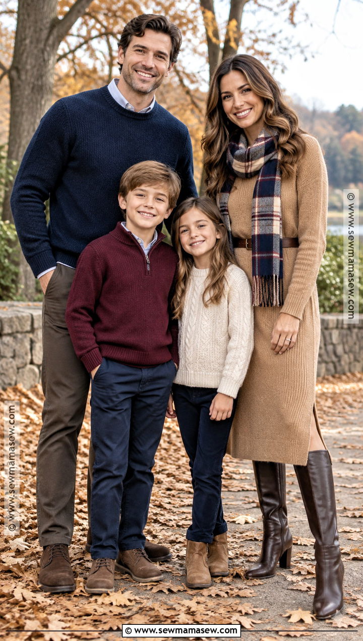 Camel Sweater Dress With Plaid Scarf - 15 fall family picture dress ideas