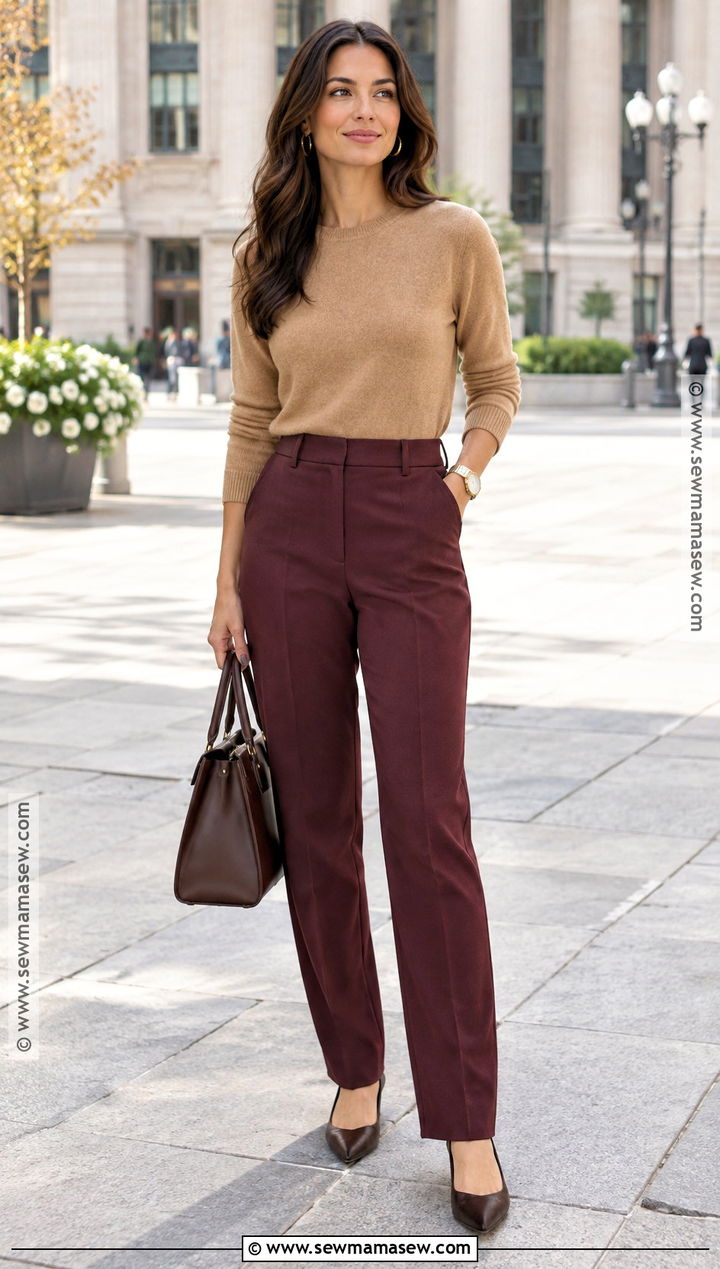 Camel Sweater With Burgundy Trousers and Flats - 15 Fall Fashion Camel Sweater Ideas