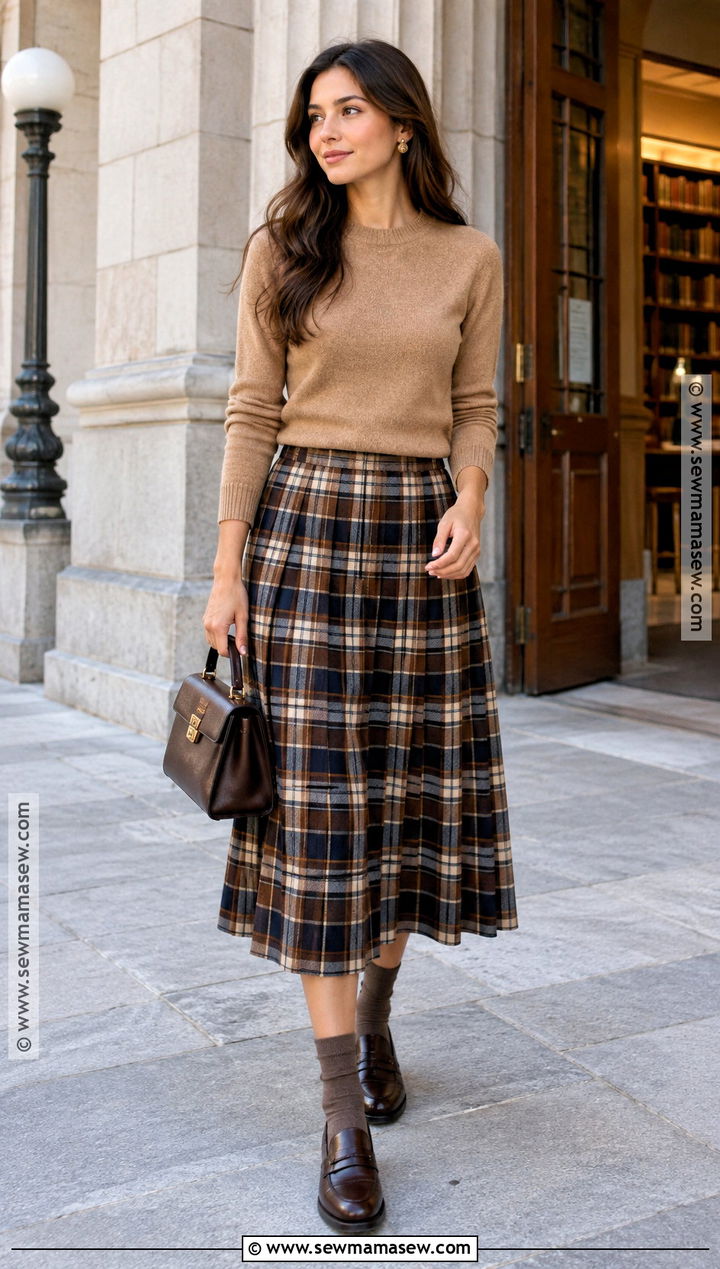Camel Sweater With Plaid Midi Skirt and Loafers - 15 Fall Fashion Camel Sweater Ideas