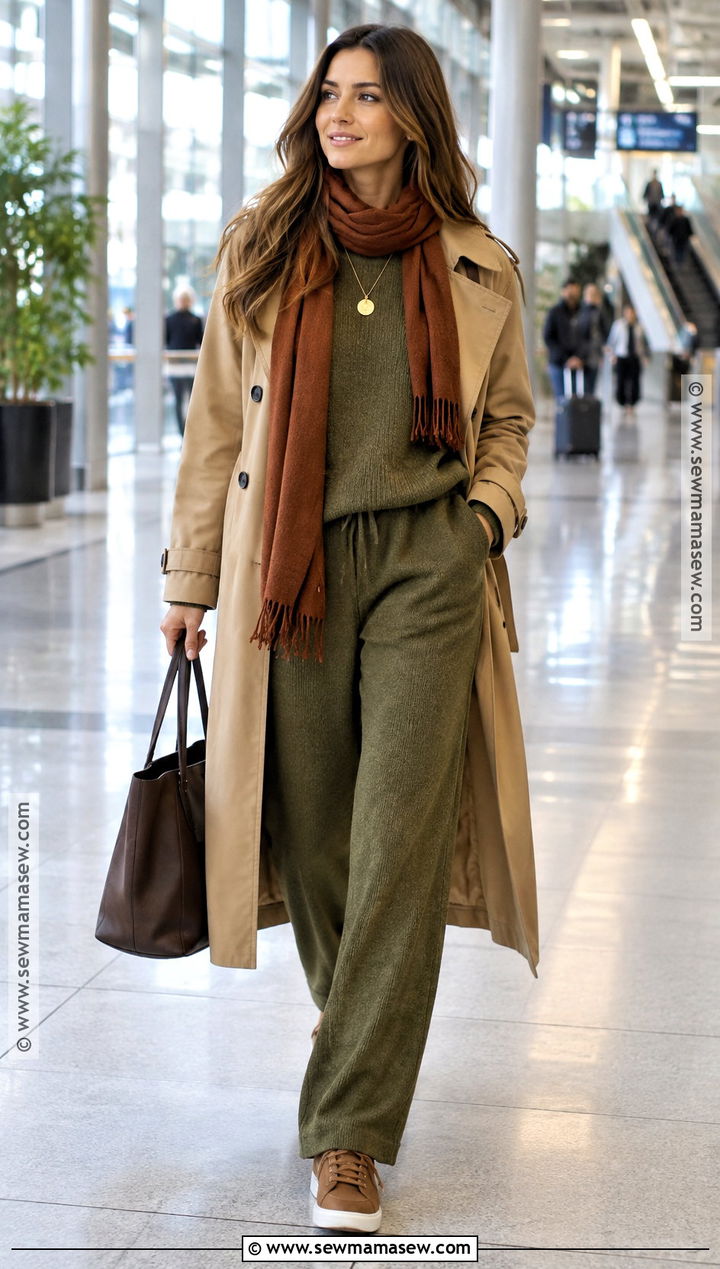 Camel Trench And Olive Knit Set Outfit - 25 warm autumn color palette outfit ideas
