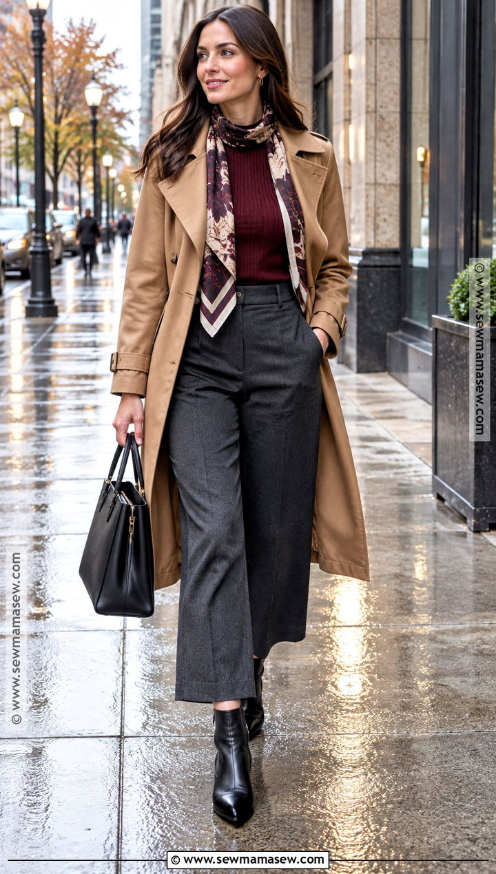 Camel Trench And Wide Leg Pants Fall Outfit - 20 fall outfits rainy day
