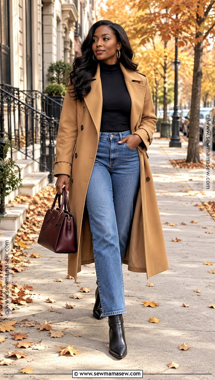 Camel Trench Coat Fall Outfit for Black Women - 20 Black Women Outfits Fall