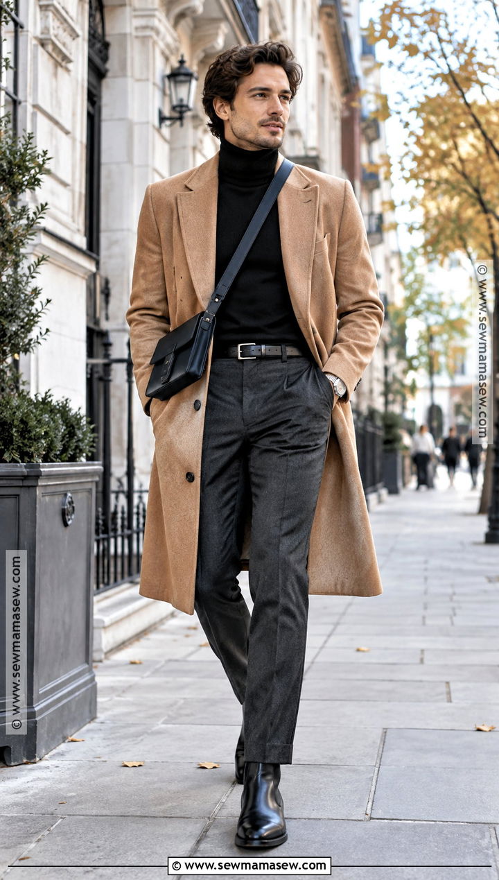 Camel Trench Coat With Black Turtleneck And Gray Pants - 15 men's autumn trench coat ideas