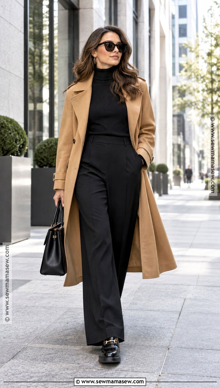 Camel Trench Coat With Black Turtleneck and Trousers - 20 autumn trench coat outfit ideas