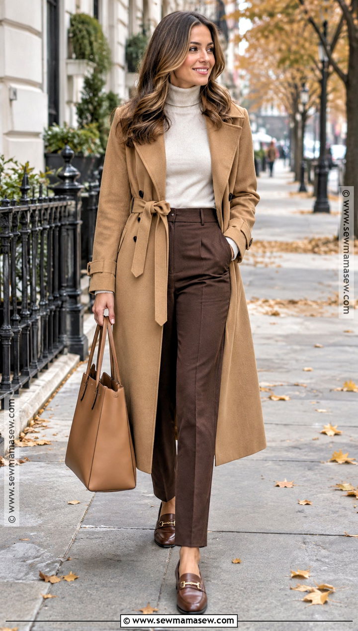 Camel Trench Coat With Brown Trousers - 25 autumn outfits brown