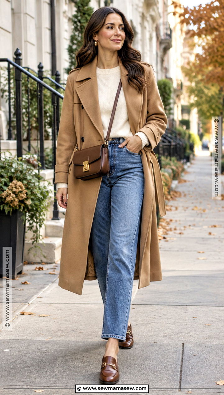 Camel Trench Coat With Straight Leg Jeans - 15 fall trench coat outfit ideas