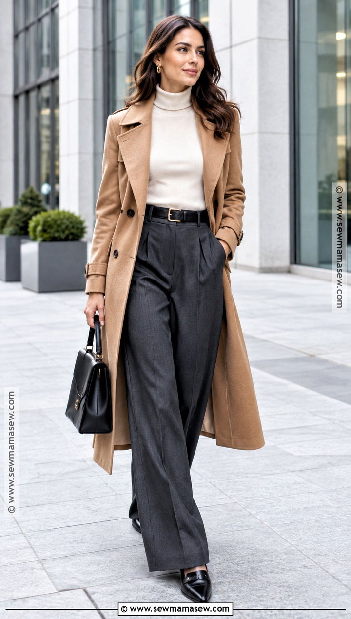 Camel Trench Coat With Turtleneck And Wide Leg Trousers - 15 fall trenchcoat outfit ideas