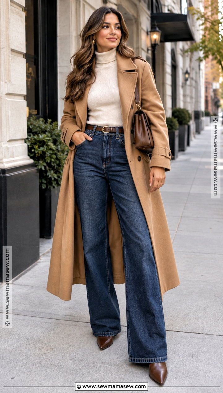 Camel Trench Coat With Wide Leg Jeans - 15 Chic Fall Outfit Ensemble Ideas