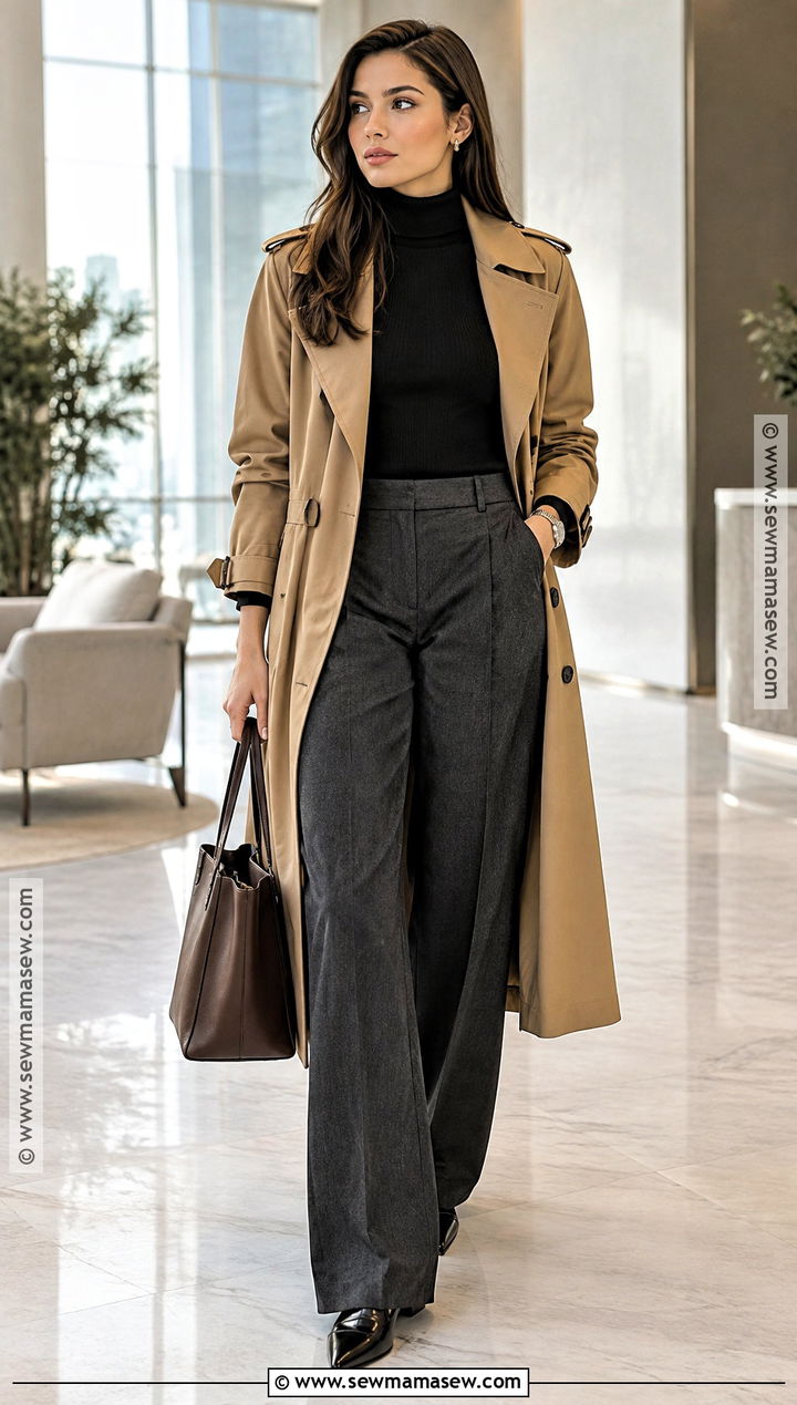 Camel Trench Coat With Wide Leg Trousers - 20 fall outfits trench coat
