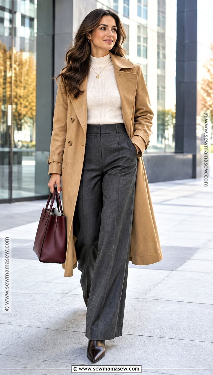 Camel Trench Coat With Wide Leg Trousers - 20 autumn outfits trench coat