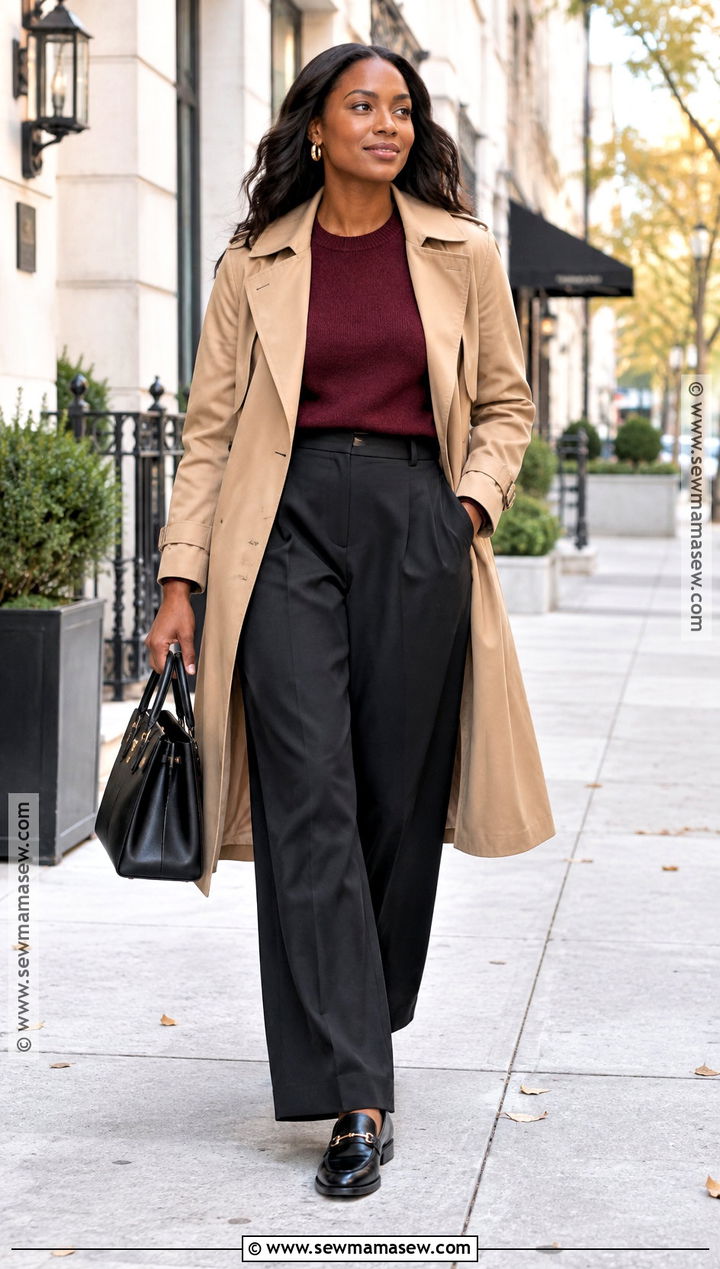 Camel Trench Coat and Black Trousers Fall Outfit - 25 casual fall outfits for black women