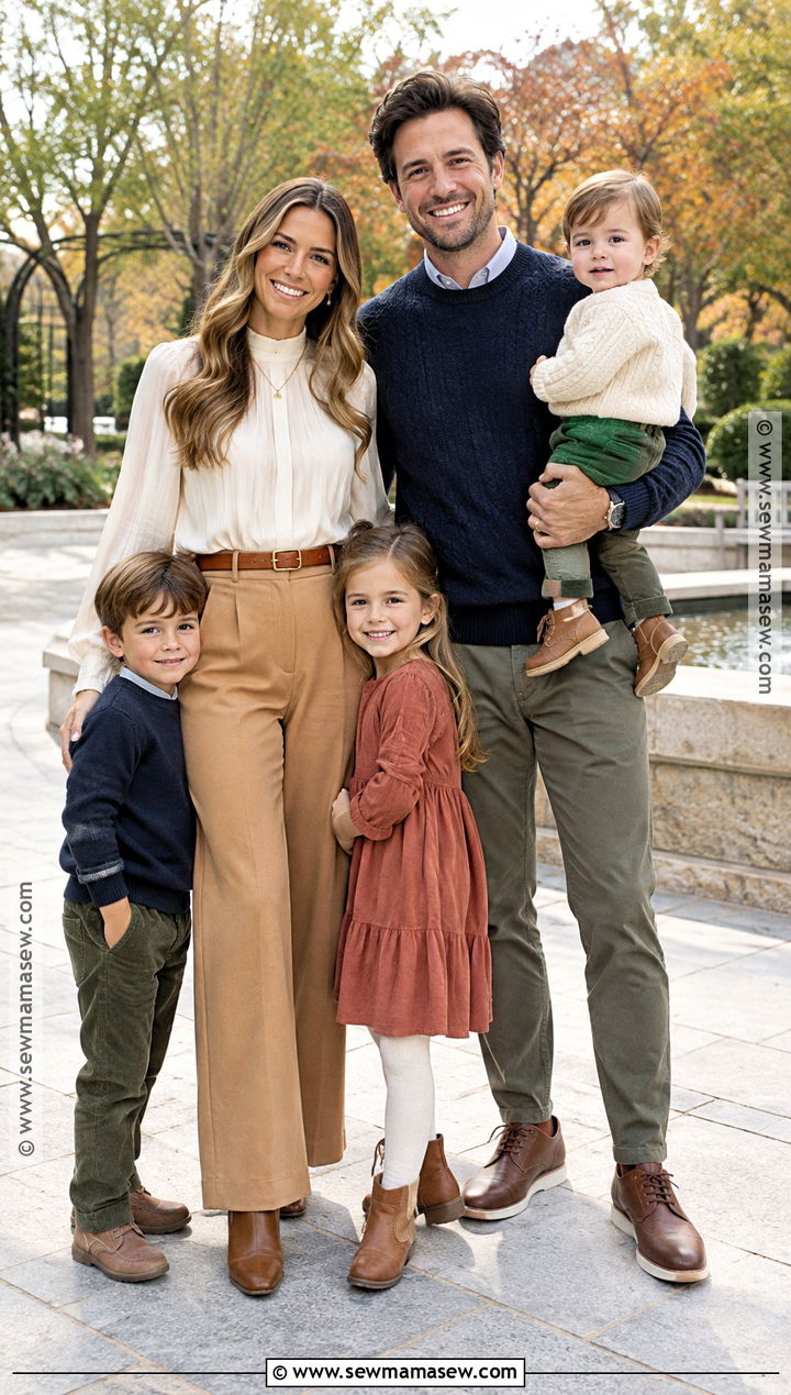 Camel Trousers And Ivory Blouse Fall Family Photo Outfit - 15 mom family photo outfit fall ideas