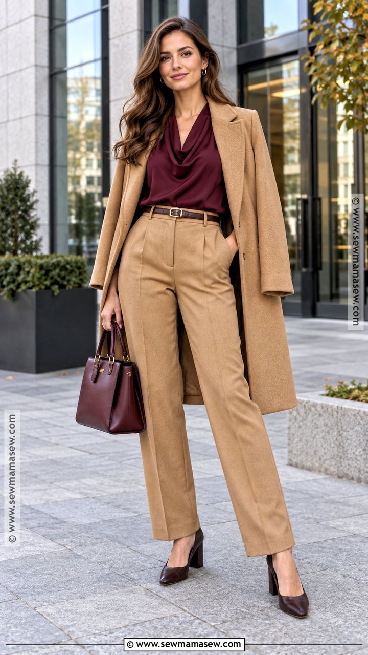 Camel Trousers With Burgundy Blouse And Heels - 20 fall outfits trousers